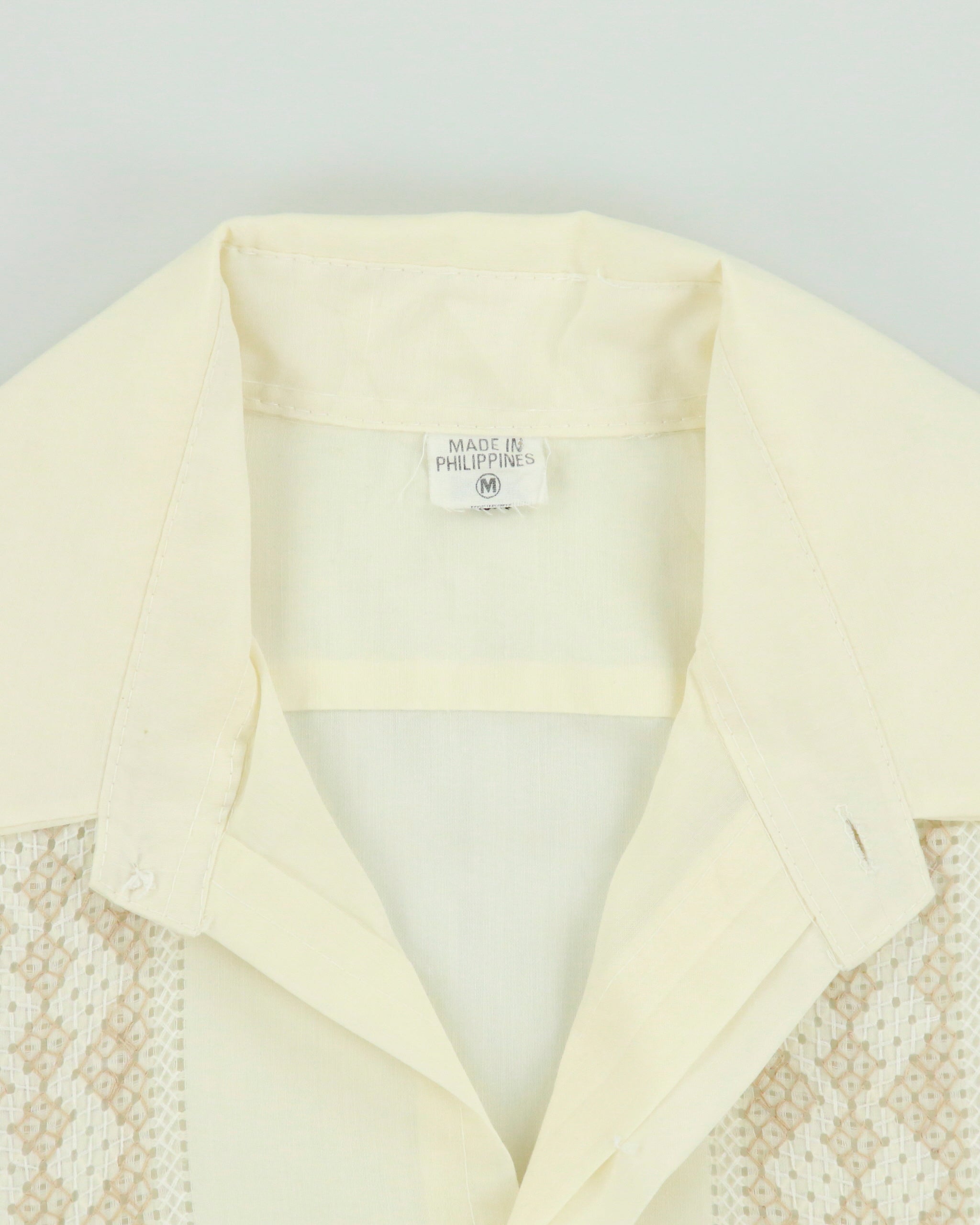 Vintage 1970s Cream Woven Lace Striped Short Sleeve Sheer Shirt - M