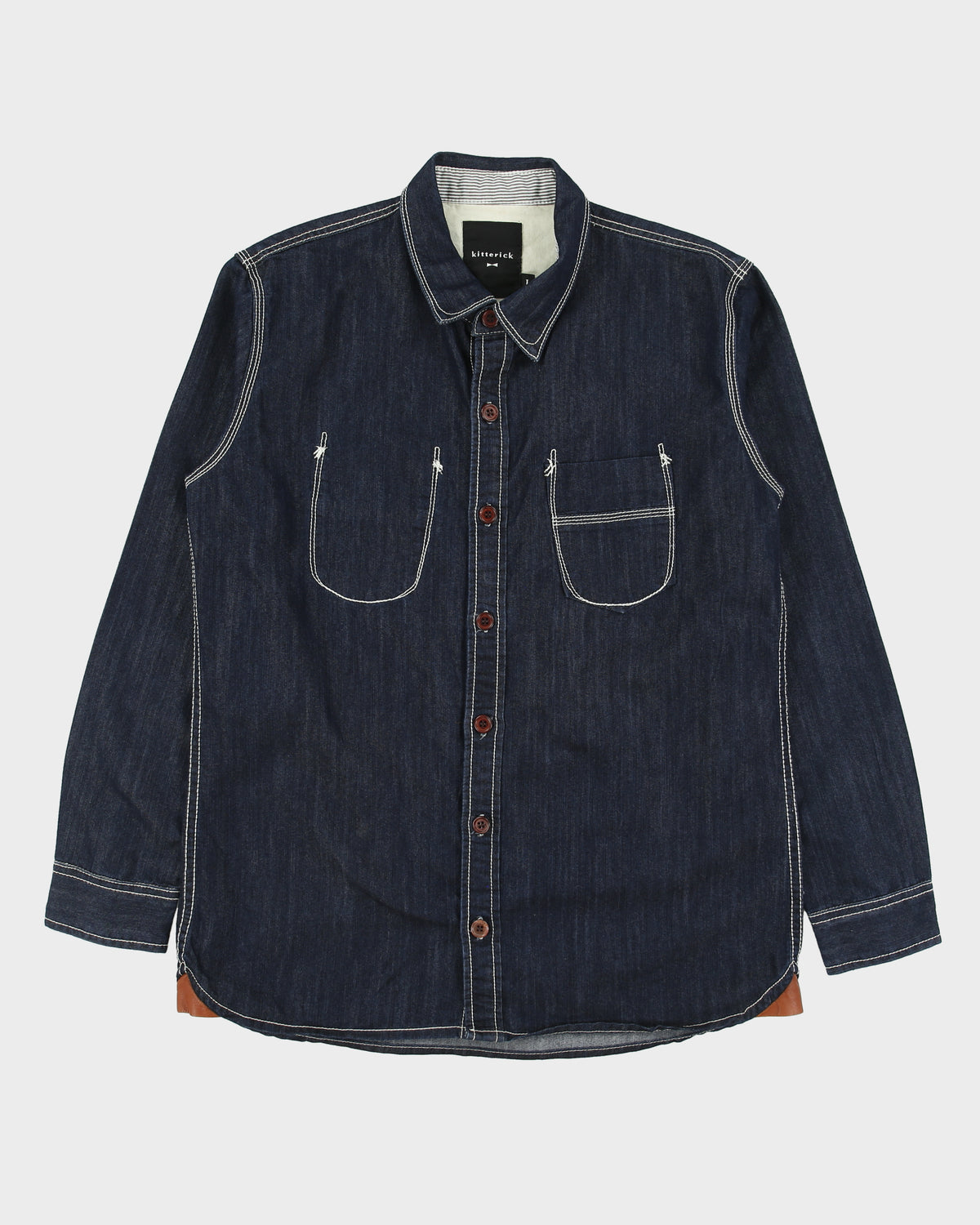 Vintage Kitterick Raw Indigo Denim Contrast Stitch Lambskin Long Sleeve Workwear Shirt - S