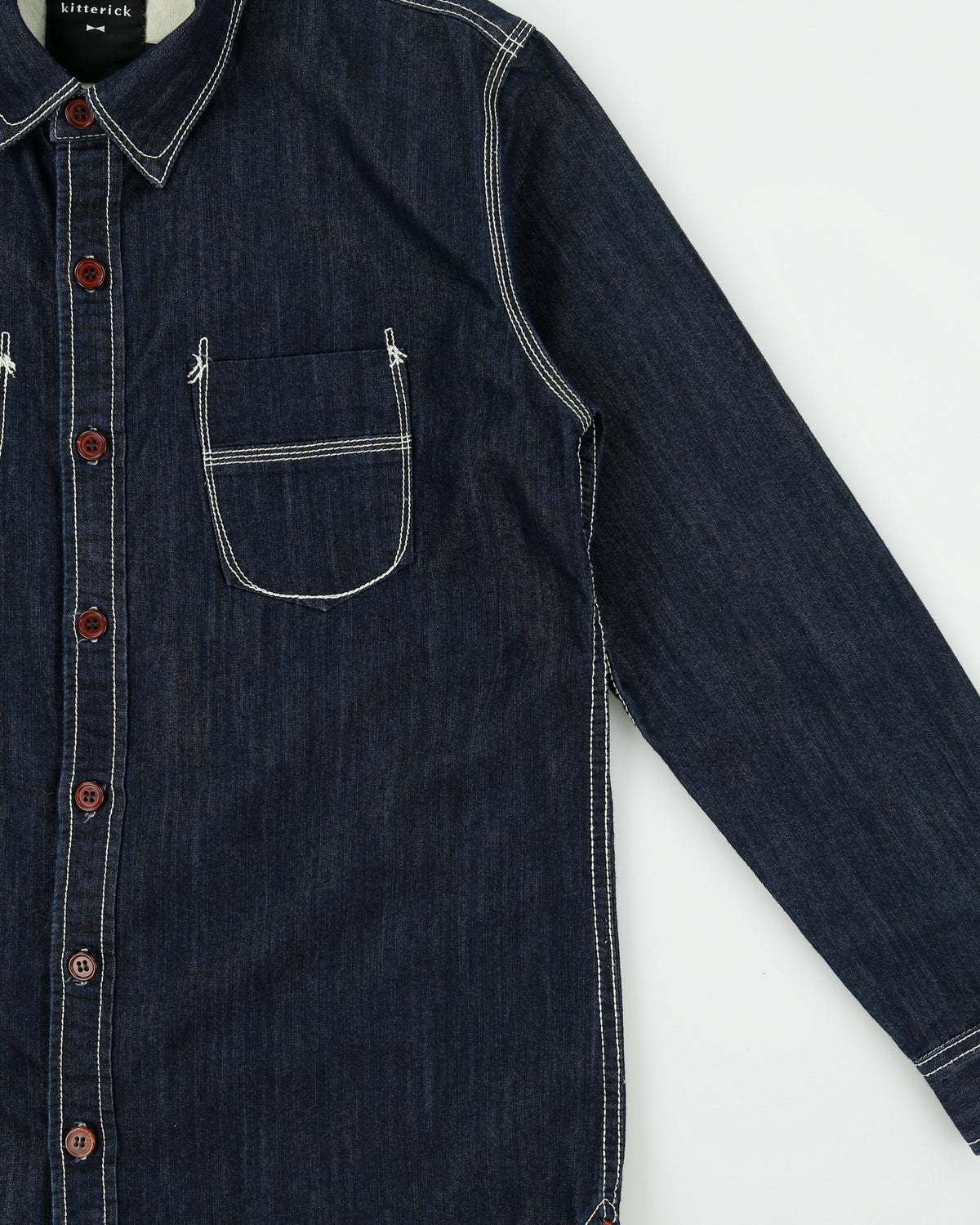 Vintage Kitterick Raw Indigo Denim Contrast Stitch Lambskin Long Sleeve Workwear Shirt - S
