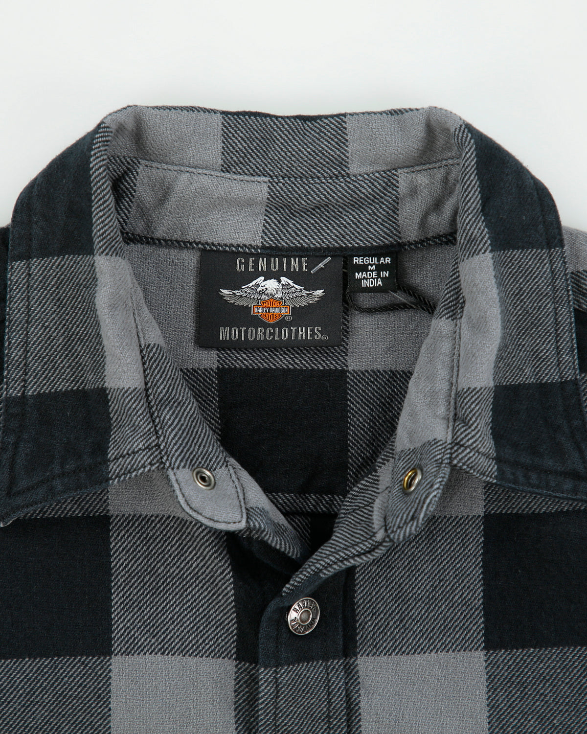 Vintage Harley Davidson Buffalo Plaid Snap Button Long Sleeve Denim Biker Shirt - M