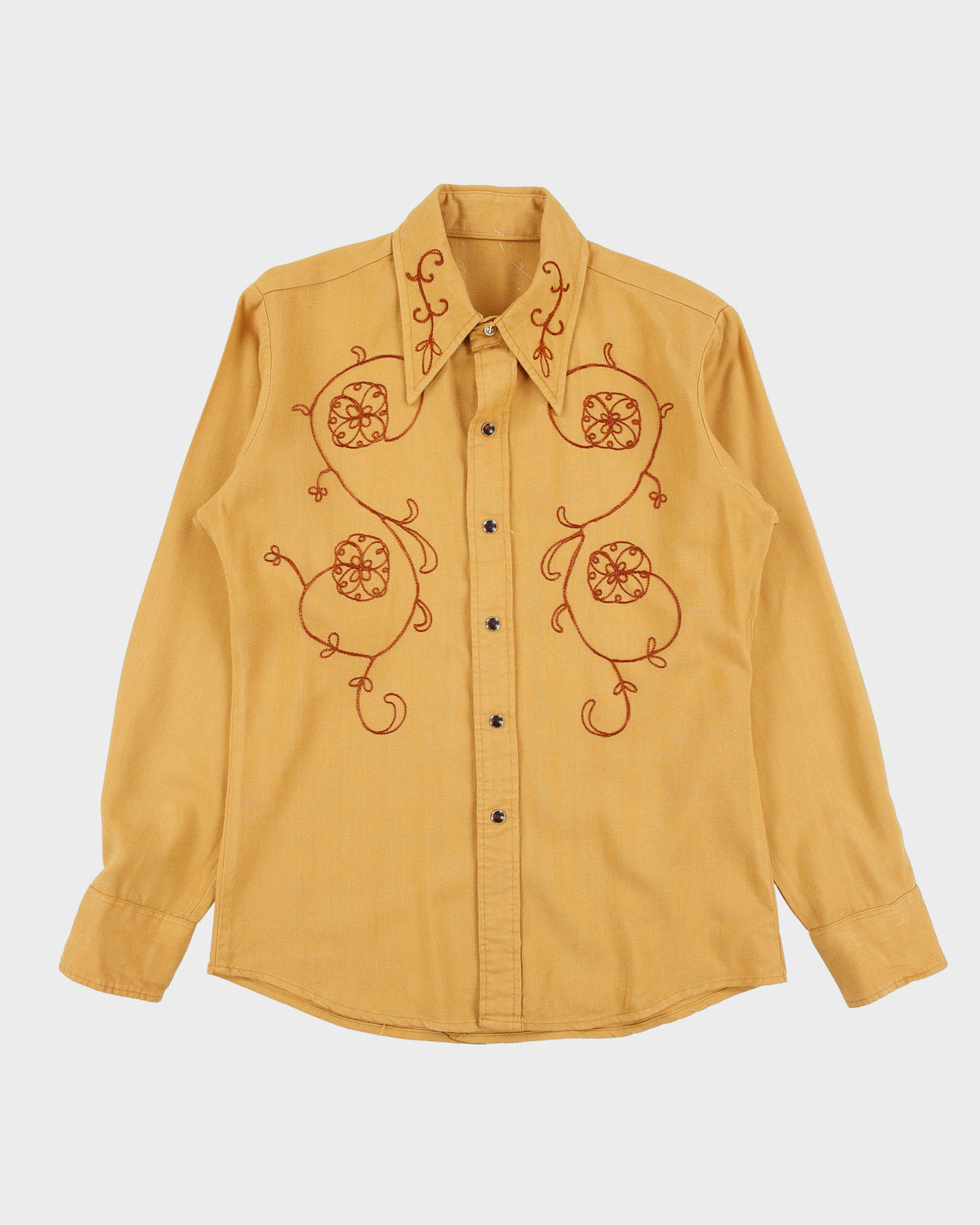Vintage 1970s Handmade In USA Chain Stitch Tan Pearl Snap Button Long Sleeve Perma Press Shirt - S