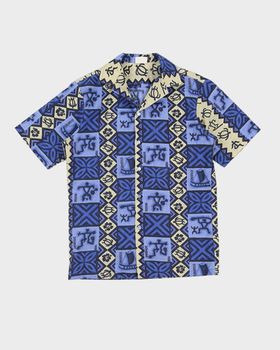 Vintage 90s Kalena Fashions Blue & Beige Hawaiian Shirt - S
