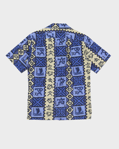 Vintage 90s Kalena Fashions Blue & Beige Hawaiian Shirt - S