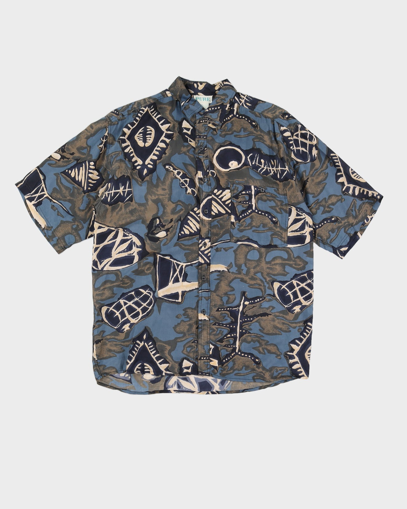 Vintage 80s Pure Blue Printed Oversize Silk Shirt - M