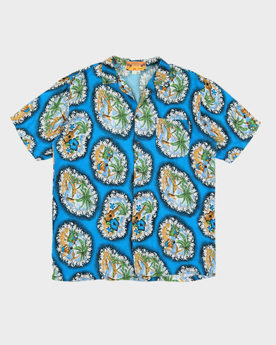 Vintage 90s Pacific Coast Blue Hawaiian Guitar Print Shirt - XL
