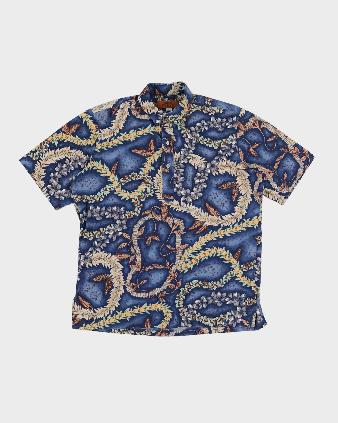 Blue Half Button Down Hawaiian Shirt - L