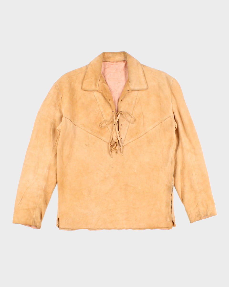 Vintage Mens Beige Suede Lace Up Front Shirt - M