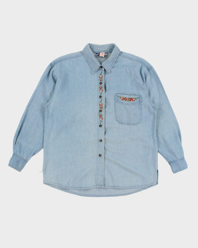 Vintage Denim Floral Embroidered Shirt - M