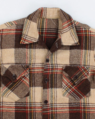 Mens Vintage 1970s Brown and Beige Plaid Wool Button Up Shirt - L