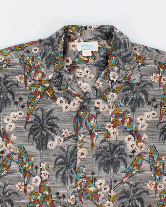 Vintage Men's Grey Bird Print Hawaiian Shirt - XL
