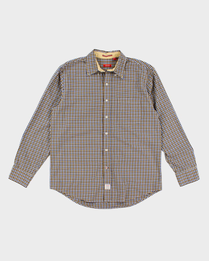 Mens Izod Yellow Brown Blue Gingham Button Up Work Shirt - M