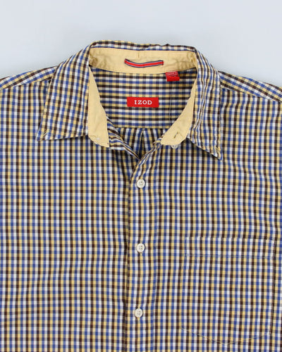 Mens Izod Yellow Brown Blue Gingham Button Up Work Shirt - M