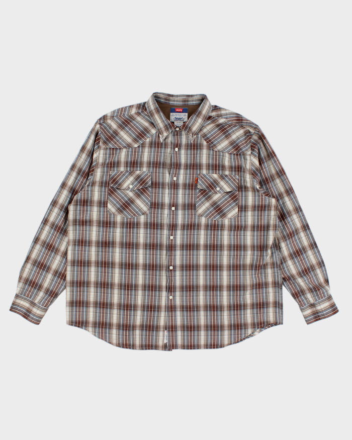 Mens Levis Brown Blue Plaid Button Up Work Shirt - XL