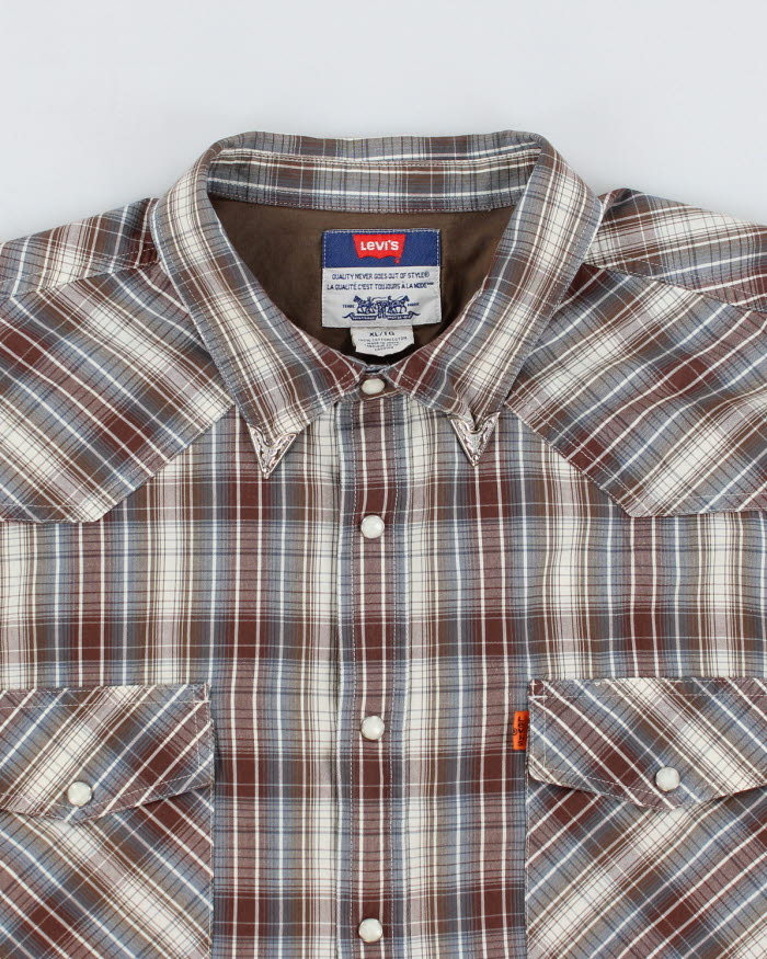 Mens Levis Brown Blue Plaid Button Up Work Shirt - XL