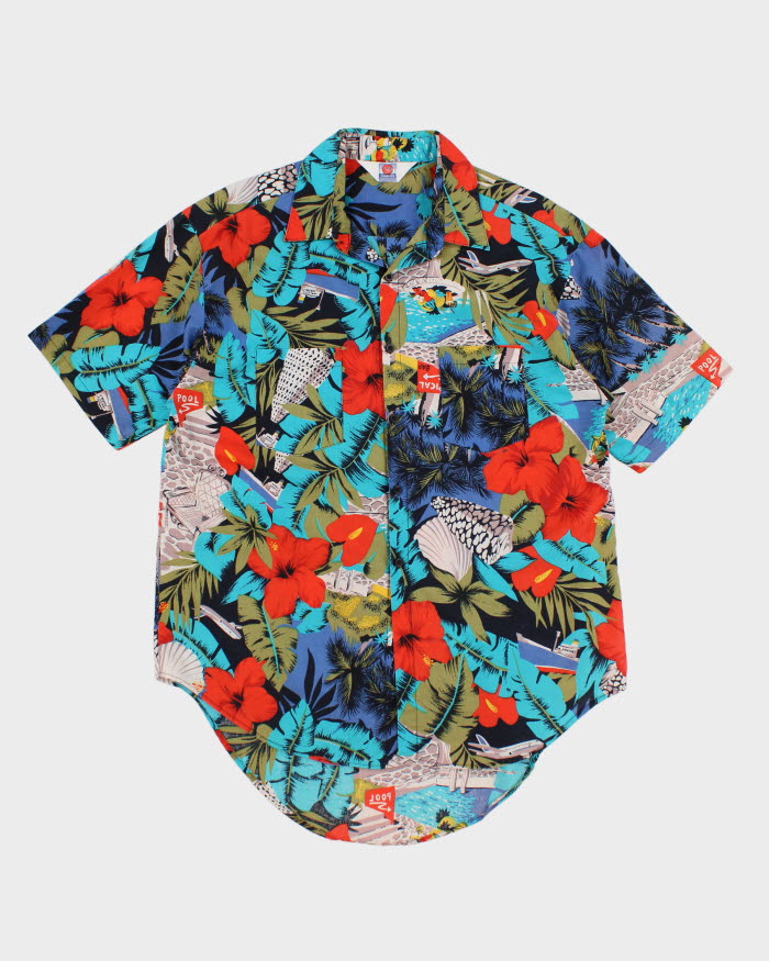 Mens 1980s Tropical Print Button Up Hawaiian Shirt - M
