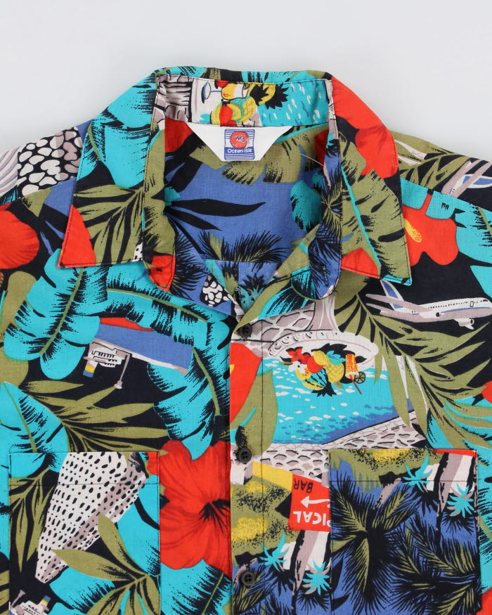 Mens 1980s Tropical Print Button Up Hawaiian Shirt - M