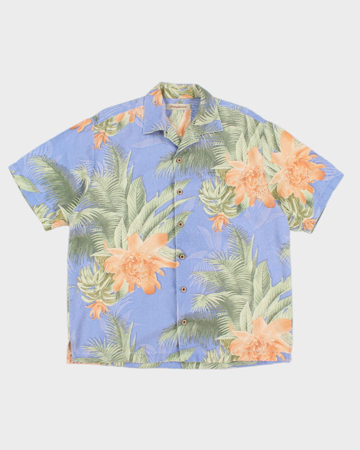 Mens Tommy Bahama Blue and Green Floral Pattern Silk Hawaiian Shirt - L