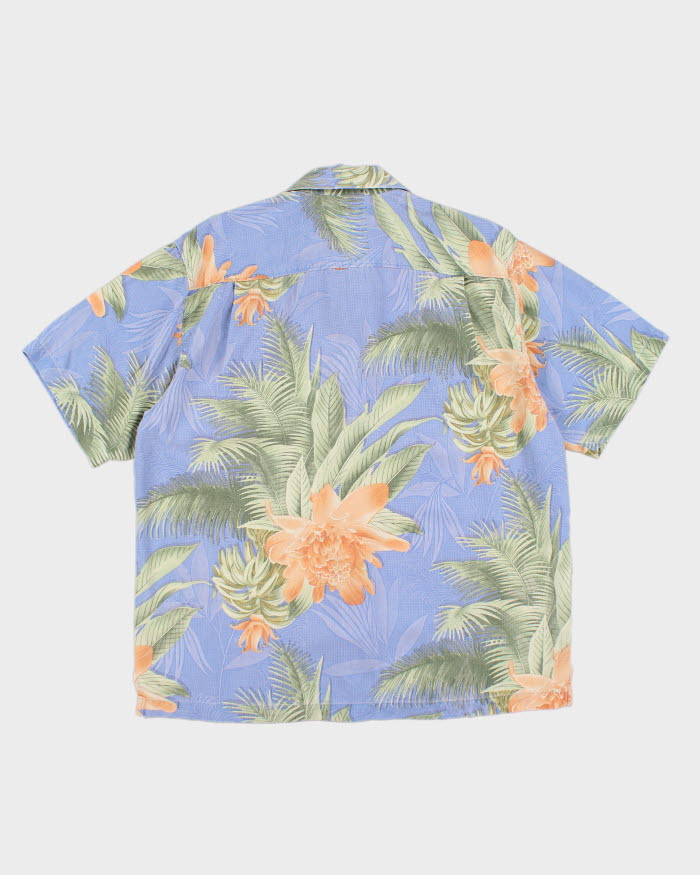 Mens Tommy Bahama Blue and Green Floral Pattern Silk Hawaiian Shirt - L