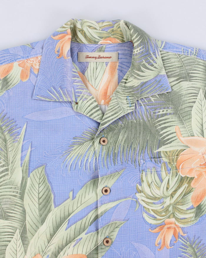 Mens Tommy Bahama Blue and Green Floral Pattern Silk Hawaiian Shirt - L