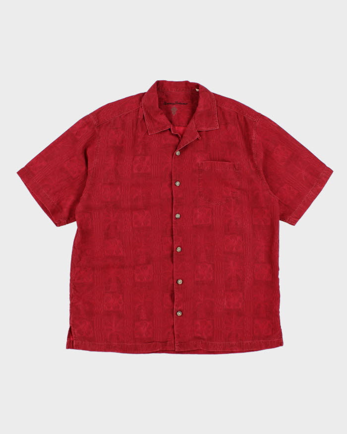 Mens Tommy Bahama Red Embossed Pattern Silk Hawaiian Shirt - L