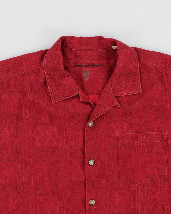 Mens Tommy Bahama Red Embossed Pattern Silk Hawaiian Shirt - L