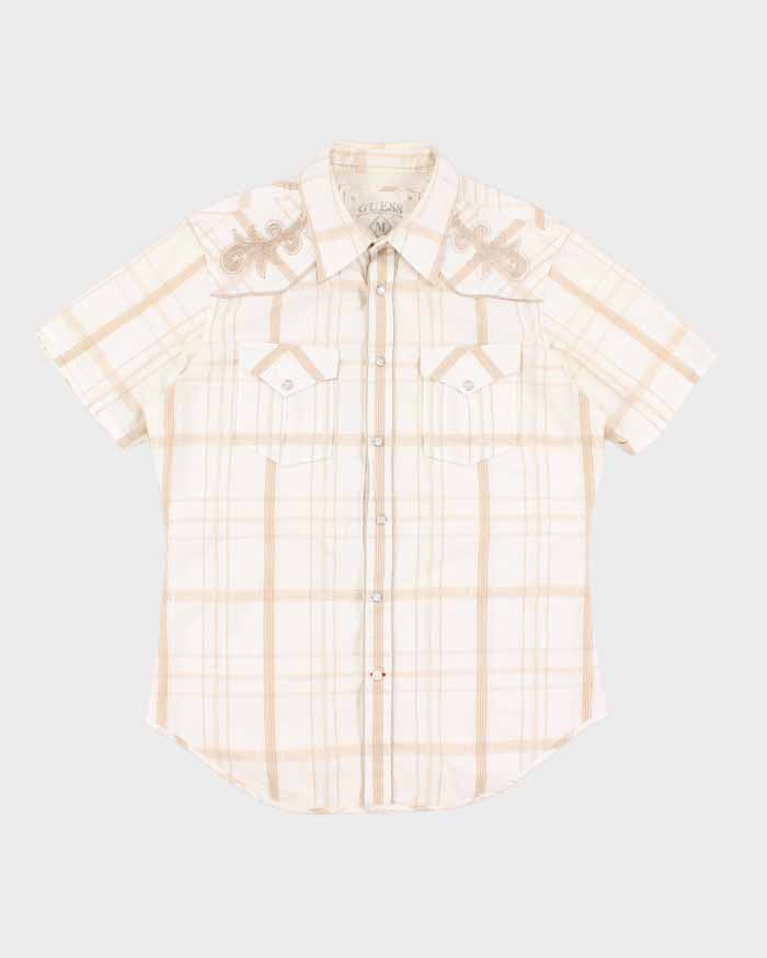 Mens Guess Beige Plaid Button Up Pearlized Snaps Shirt - M