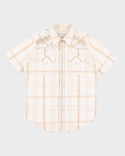 Mens Guess Beige Plaid Button Up Pearlized Snaps Shirt - M