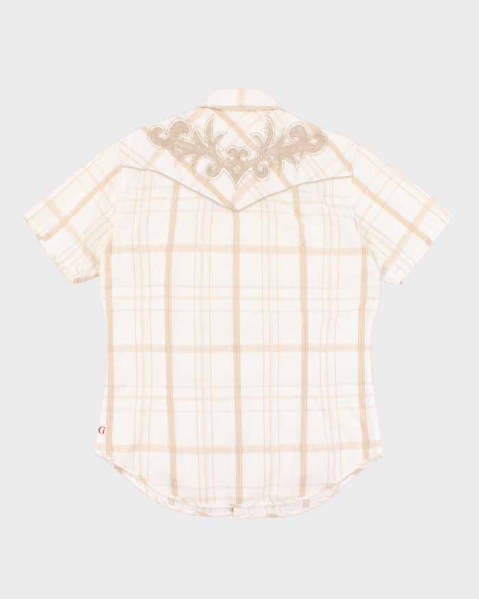 Mens Guess Beige Plaid Button Up Pearlized Snaps Shirt - M