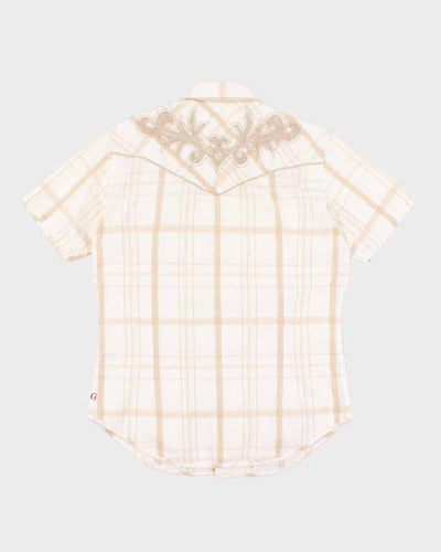 Mens Guess Beige Plaid Button Up Pearlized Snaps Shirt - M