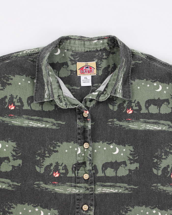 Vintage 90s Barn Fly Cowboy Print Shirt - XL