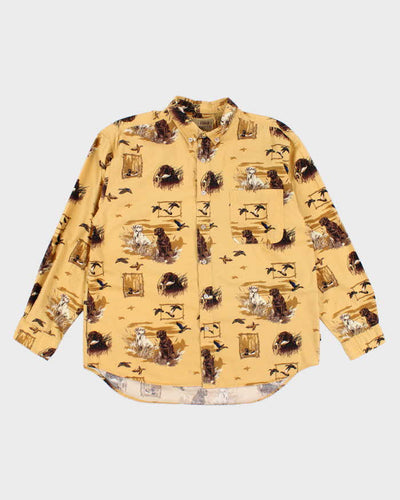 90s Field Tested Yellow Long Sleeve Dig Print Shirt - L