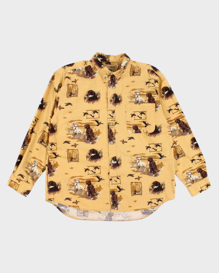 90s Field Tested Yellow Long Sleeve Dig Print Shirt - L