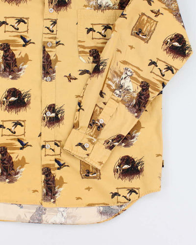 90s Field Tested Yellow Long Sleeve Dig Print Shirt - L