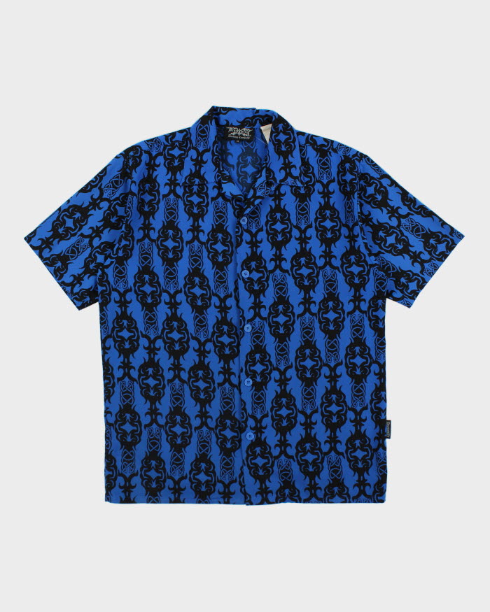 Vintage 90s Dragonfly Blue Patterned Short Sleeve Shirt - M