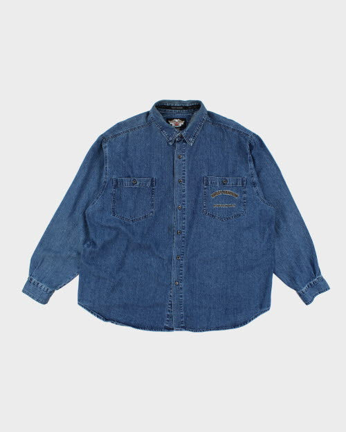 Vintage Harley Davidson Embroidered Long-sleeve Denim Shirt - XXXL