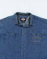 Vintage Harley Davidson Embroidered Long-sleeve Denim Shirt - XXXL