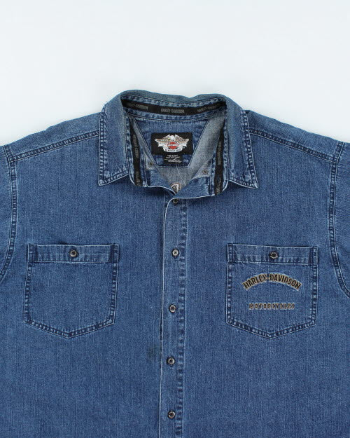 Vintage Harley Davidson Embroidered Long-sleeve Denim Shirt - XXXL