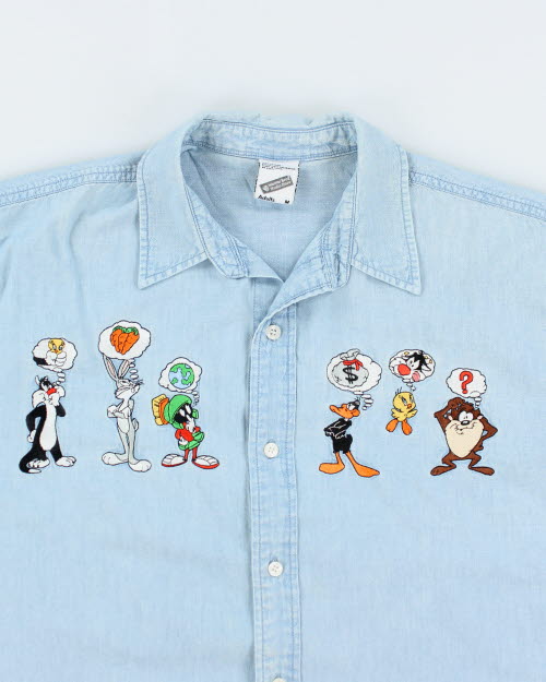 Vintage 90's Looney Tunes Embroidered Long-sleeve Denim Shirt - M