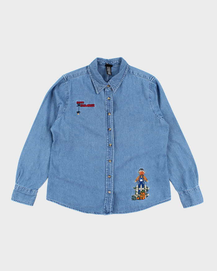 Vintage 2000's Embroidered Halloween Button Up Denim Shirt - XL