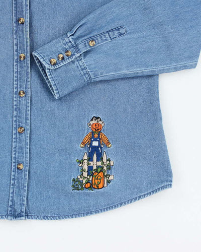 Vintage 2000's Embroidered Halloween Button Up Denim Shirt - XL