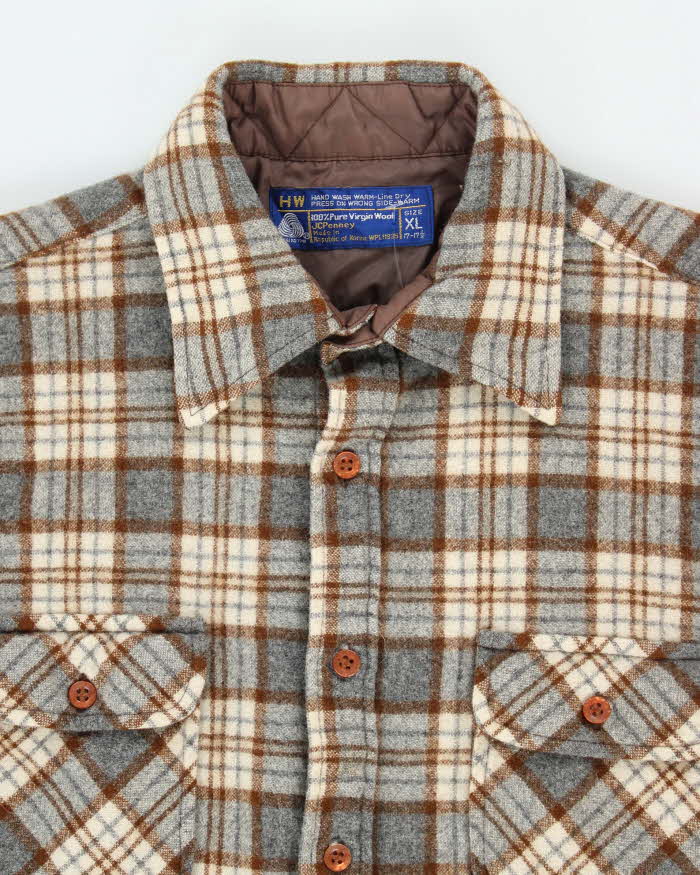 Vintage 80's Brown Plaid Wool Shirt - XL