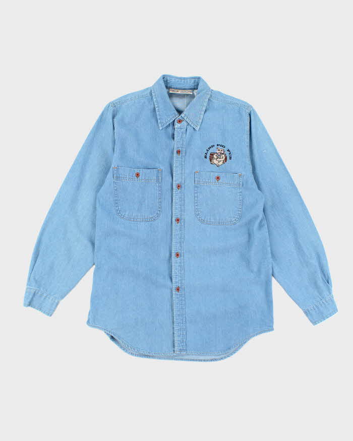 Vintage 90's Pig Embroidered Light Wash Denim Shirt - S