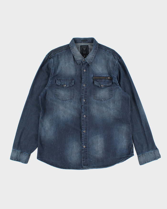 Vintage Y2K Guess Stone Wash Dark Denim Shirt - XL