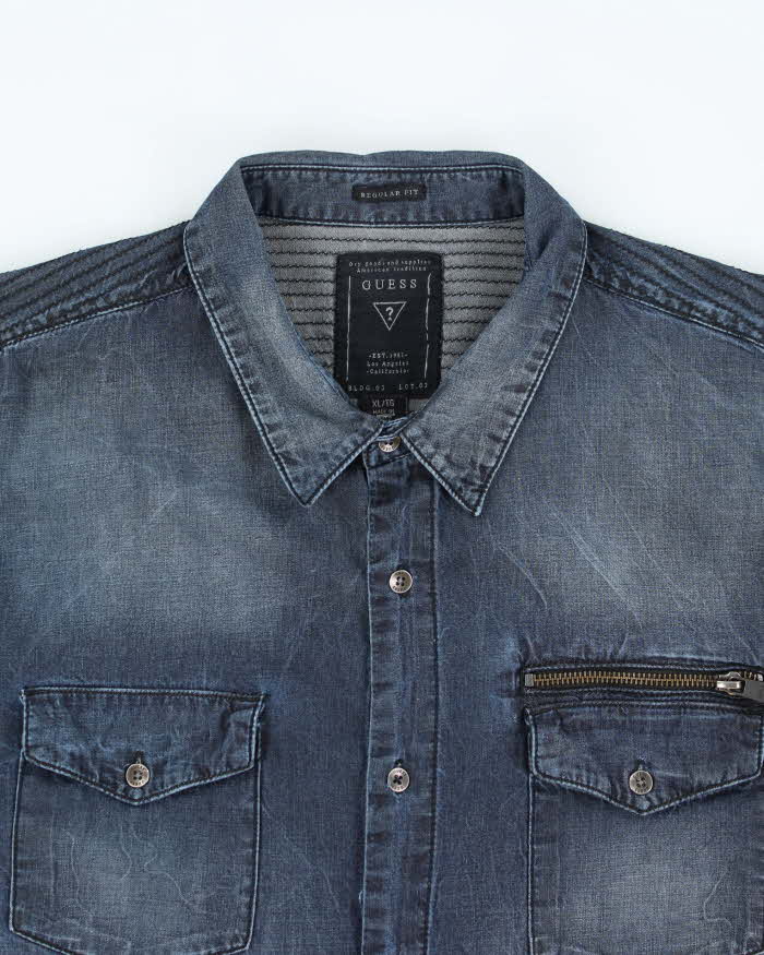 Vintage Y2K Guess Stone Wash Dark Denim Shirt - XL