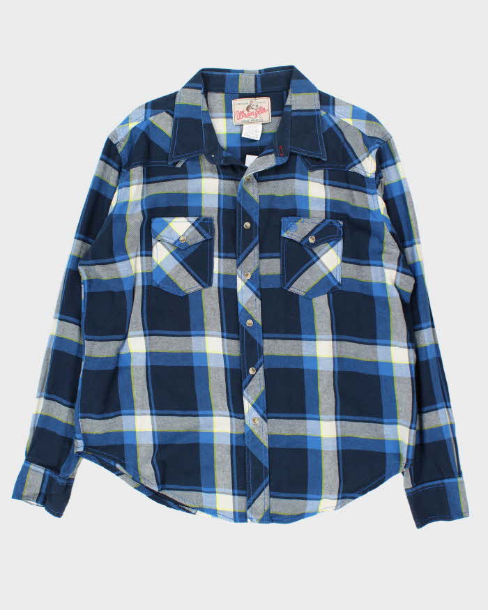 Vintage 90's Wrangler Blue Plaid Snap Button Western Shirt - XL