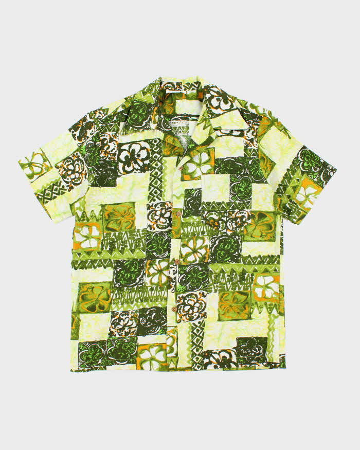 Vintage 70s Barkcloth Green Hawaiian Shirt - L