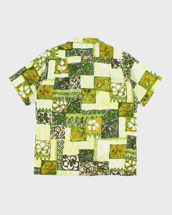Vintage 70s Barkcloth Green Hawaiian Shirt - L