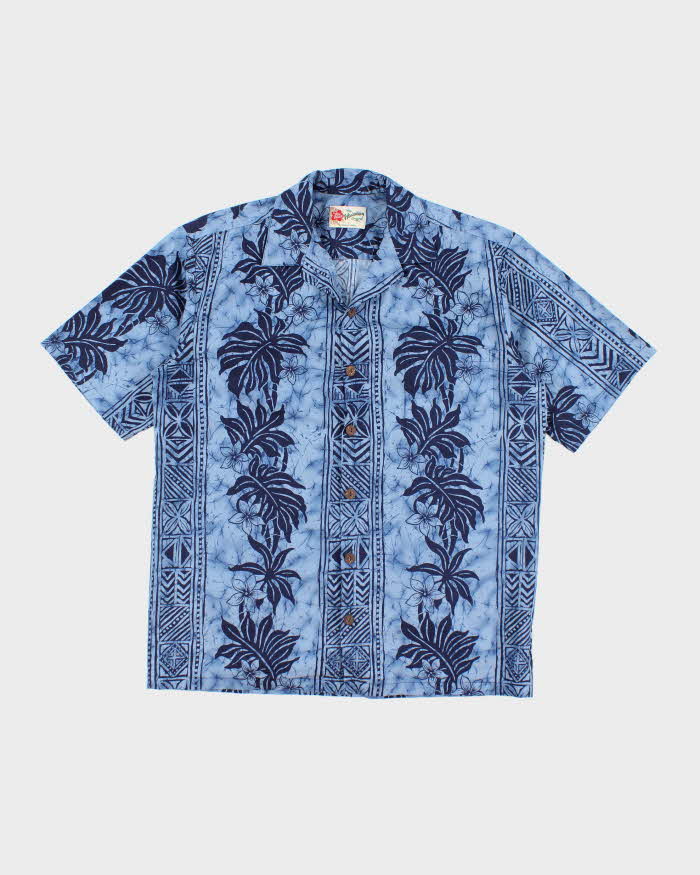 Vintage 90s Hilo Hatties Blue Pattern Hawaiian Shirt - M