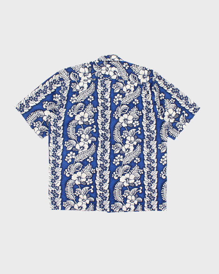 Vintage 90s Blue Hibiscus Pattern Hawaiian Shirt - L