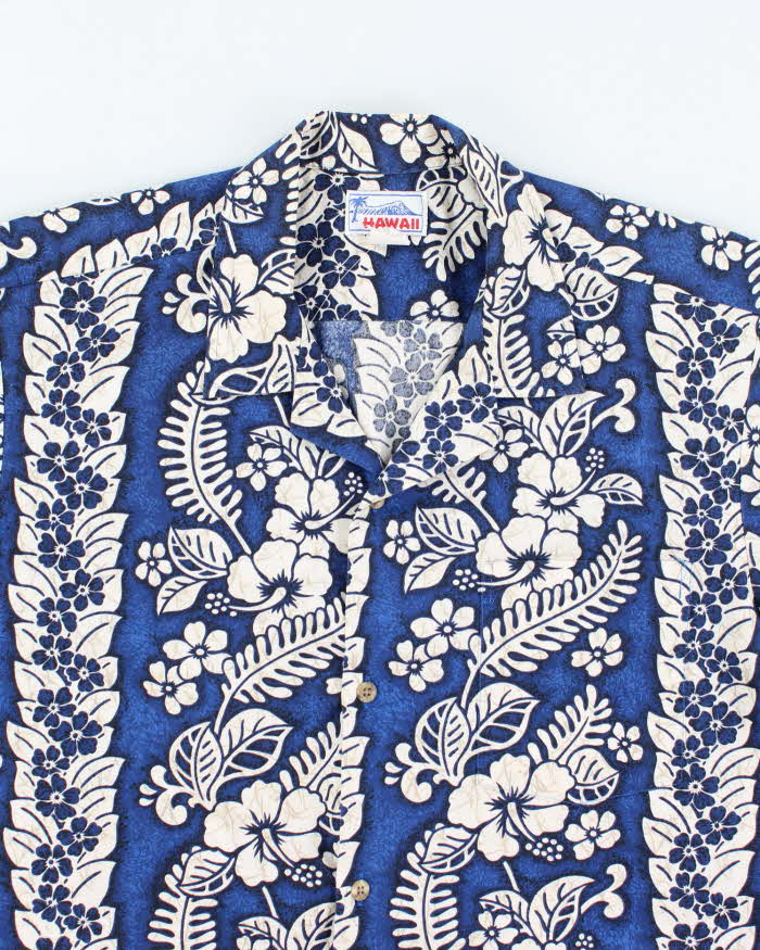 Vintage 90s Blue Hibiscus Pattern Hawaiian Shirt - L